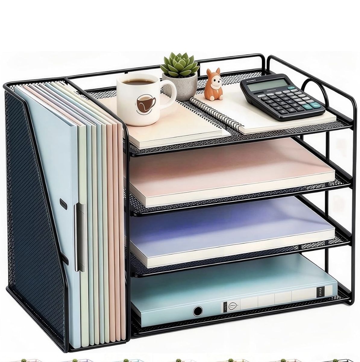 3 x Black Mesh Desk Organizer with Vertical File Holder and Sliding Paper Trays