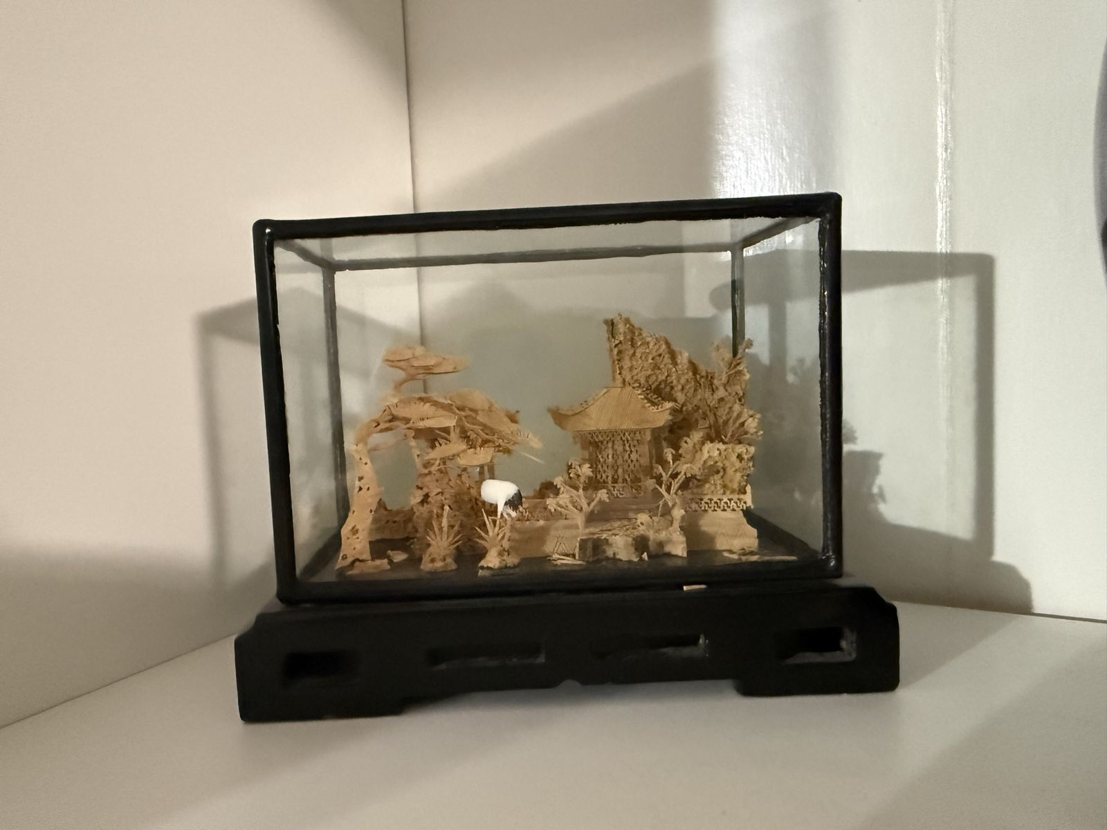 Vintage Chinese Cork Carving Diorama Landscape in Glass Display Case
