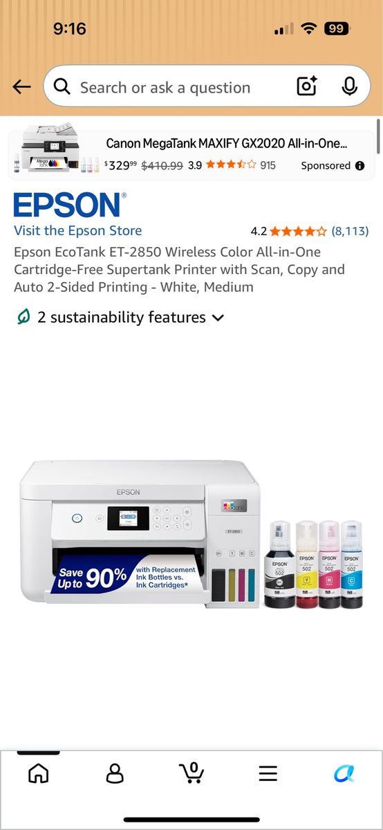 Epson EcoTank ET-2850 Wireless All-in-One Supertank Printer with Scan, Copy, 2-Sided Printing