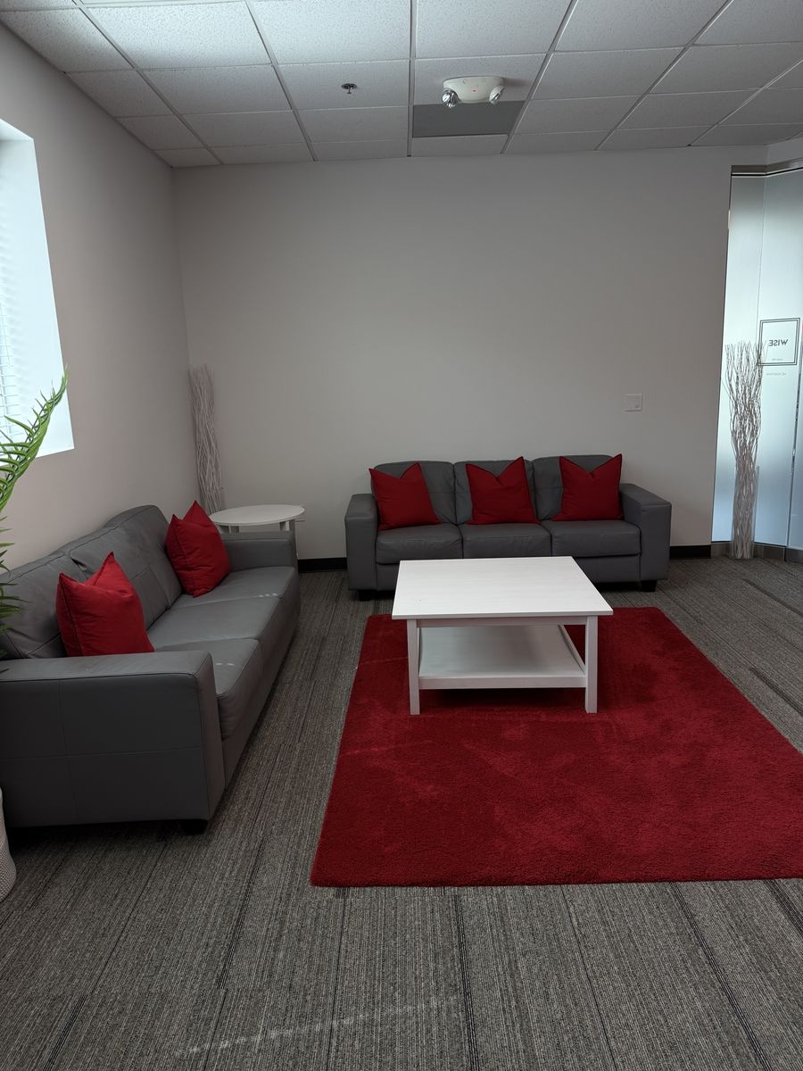 Living Room set with 2 Modern Gray Faux Leather Sofa Set with Red Accent Pillows, side table, coffee table, and rug