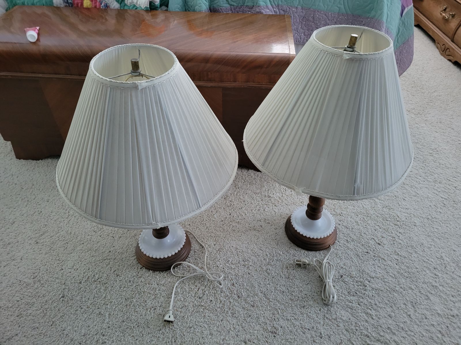Vintage Milk Glass & Wood Accent Table Lamps (Pair) with Pleated Fabric Shades
