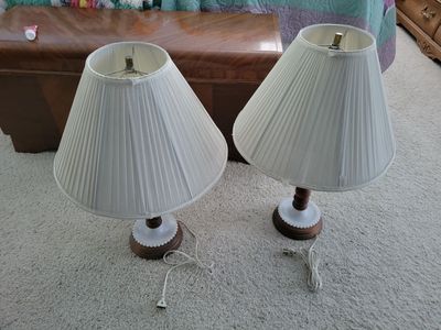 Vintage Milk Glass & Wood Accent Table Lamps (Pair) with Pleated Fabric Shades