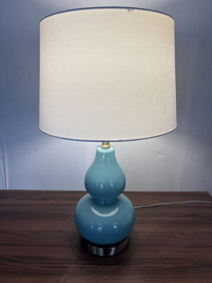 Aqua Blue Gourd Table Lamp with White Fabric Shade - Modern Coastal Decor