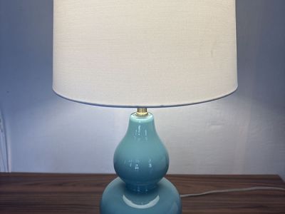 Aqua Blue Gourd Table Lamp with White Fabric Shade - Modern Coastal Decor
