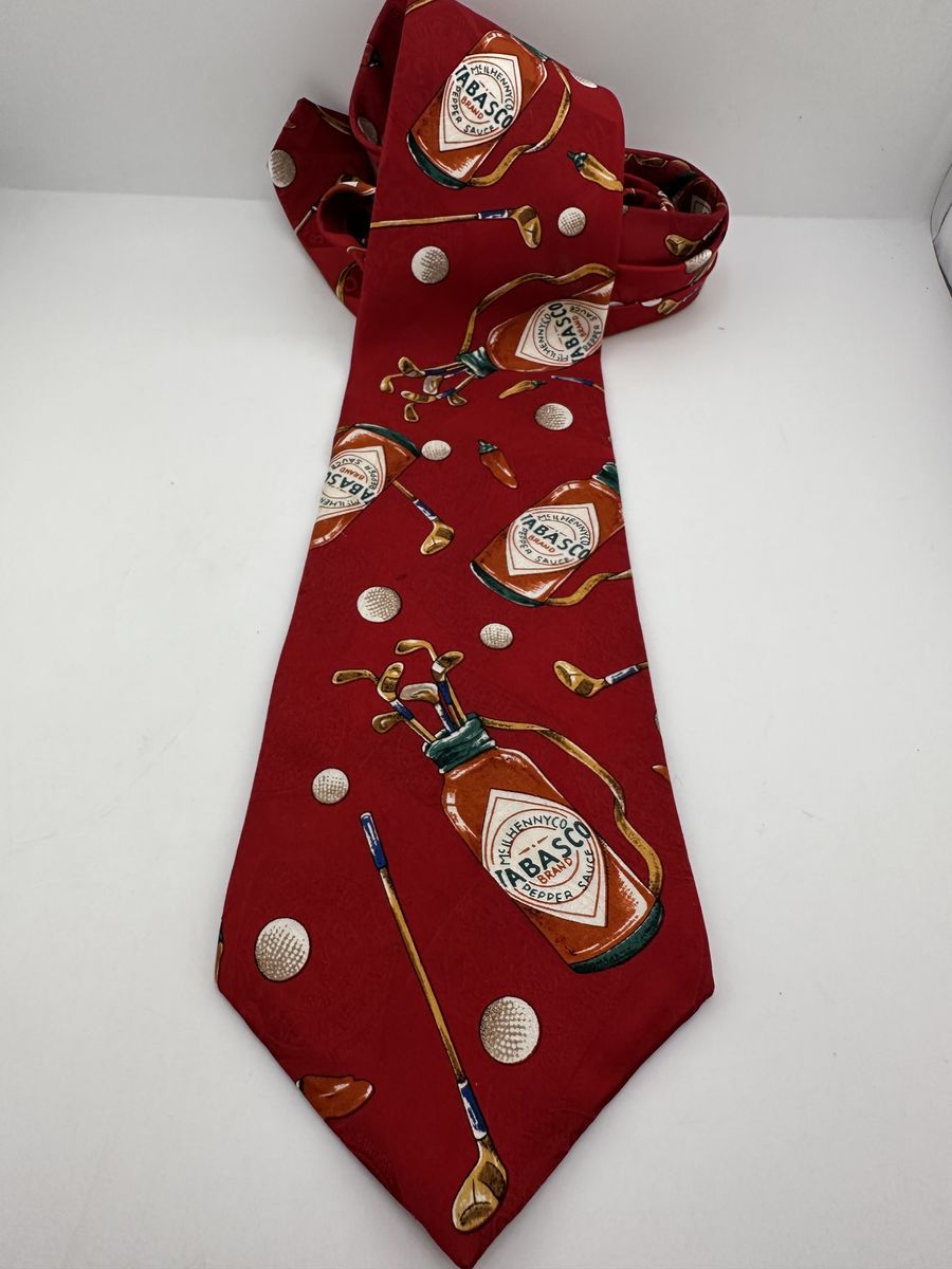 Tabasco Golf Tie 100% Silk Red Novelty Golf Clubs Balls McIlhenny USA Theme