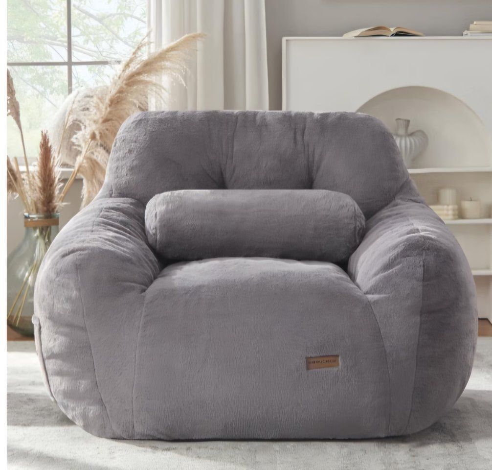 Giant Bean Bag Chair with Lumbar Pillow & Armrests, Oversized Dark Gray Faux Fur Bean Bag Couch with Filler for Adults, Large Re