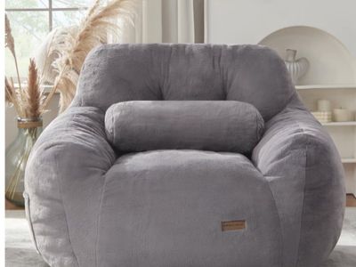 Giant Bean Bag Chair with Lumbar Pillow & Armrests, Oversized Dark Gray Faux Fur Bean Bag Couch with Filler for Adults, Large Re