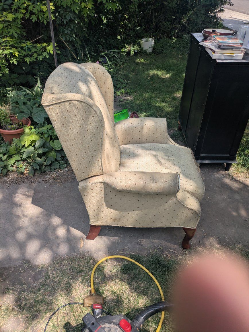 Vintage Wingback Recliner Chair - Beige/Gold Dotted Upholstery, Wood Legs
