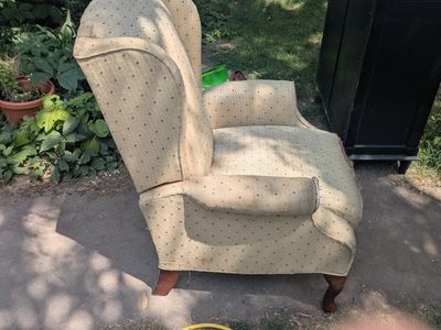 Vintage Wingback Recliner Chair - Beige/Gold Dotted Upholstery, Wood Legs