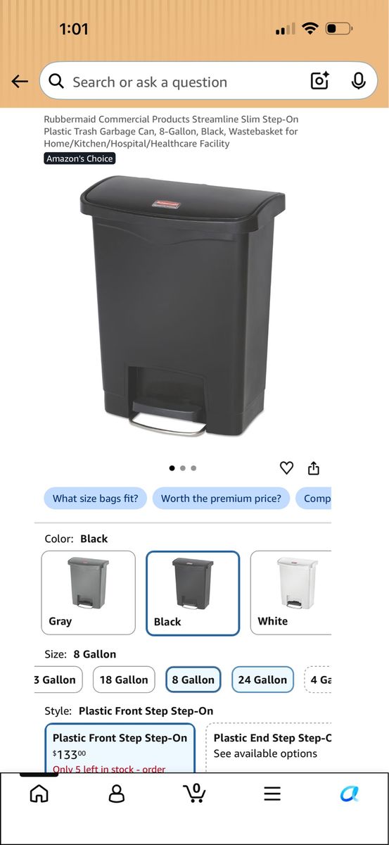 Rubbermaid Commercial Streamline Slim Step-On Plastic Trash Can, 8-Gallon, Black brand new still I. Box