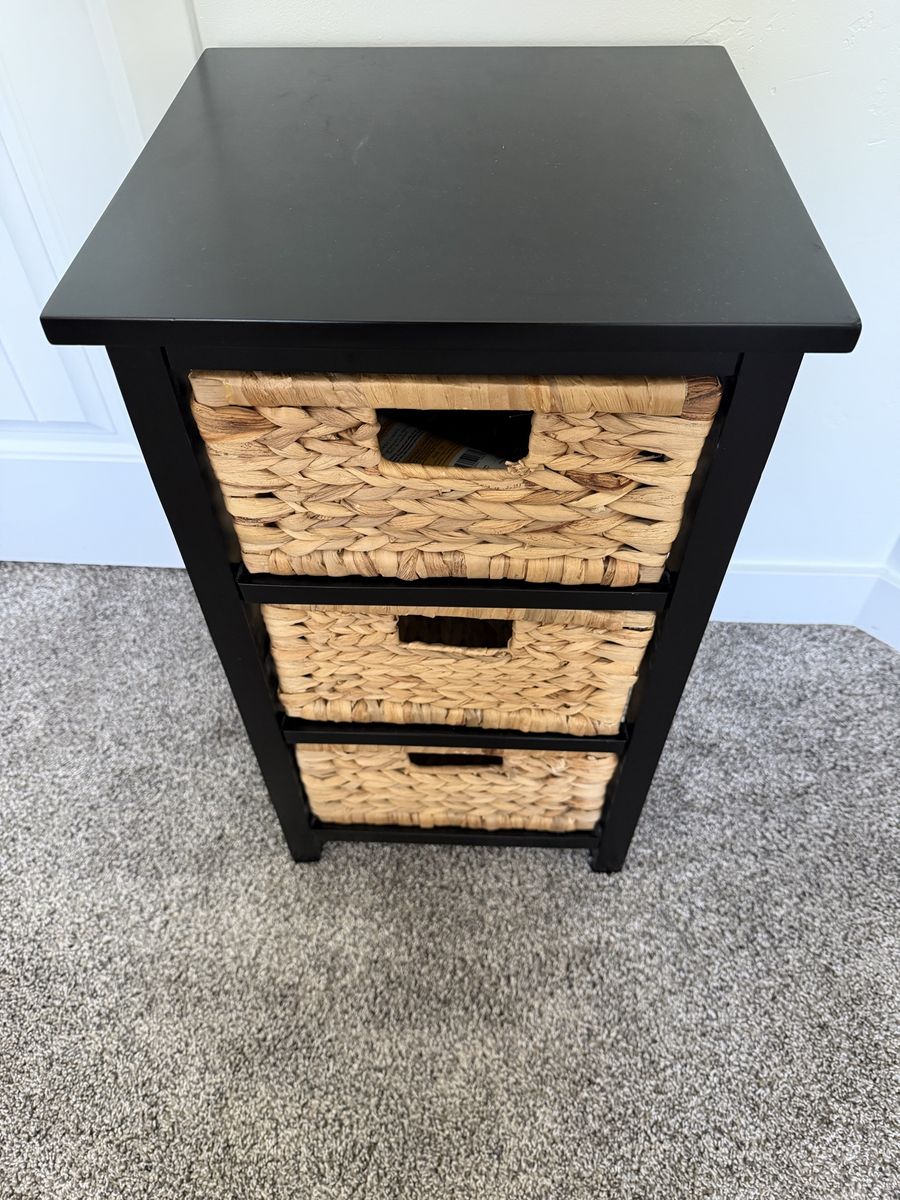 Black 3-Drawer Storage Cabinet with Wicker Baskets - Versatile Accent Table