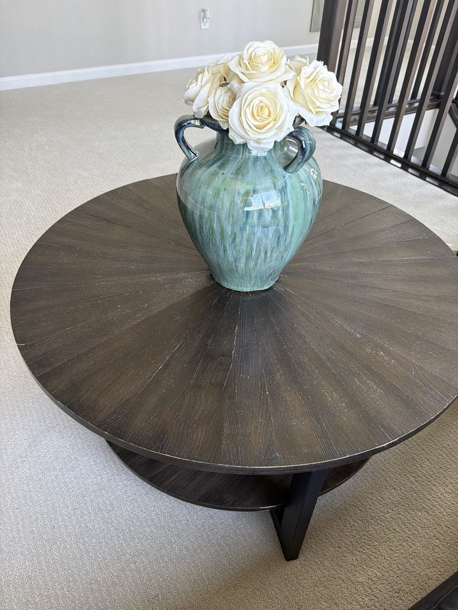 Round Wood Coffee Table - Two Tiered Dark Wood Finish with Sunburst Design