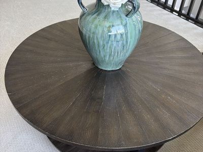 Round Wood Coffee Table - Two Tiered Dark Wood Finish with Sunburst Design