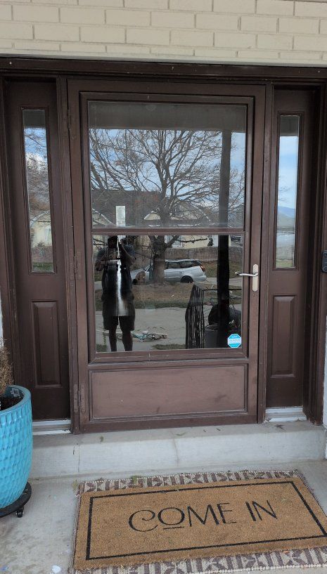 metal screen door with brushed, nickel handle