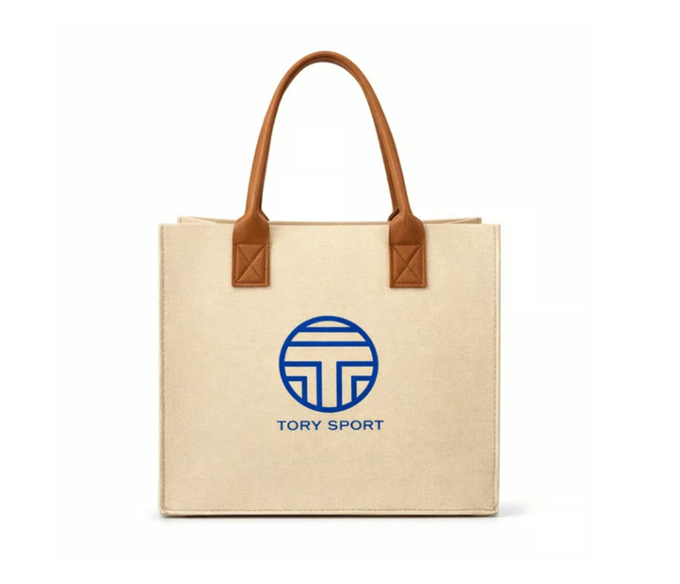 Tory Sport Canvas Logo Tote Bag Large Beige Faux Leather Handle Shopper
