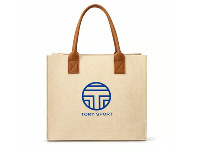 Tory Sport Canvas Logo Tote Bag Large Beige Faux Leather Handle Shopper