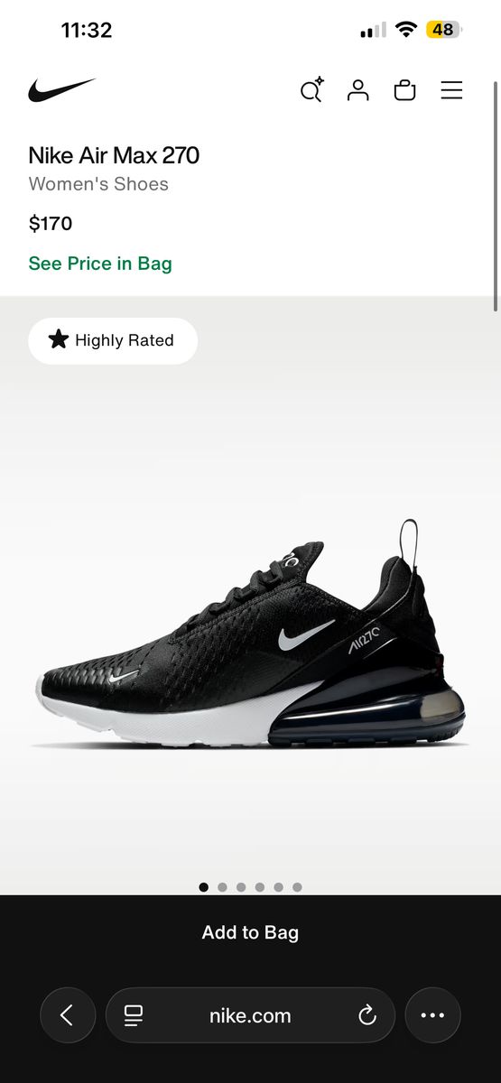 Womens Size 10 Black/White Nike Air Max270