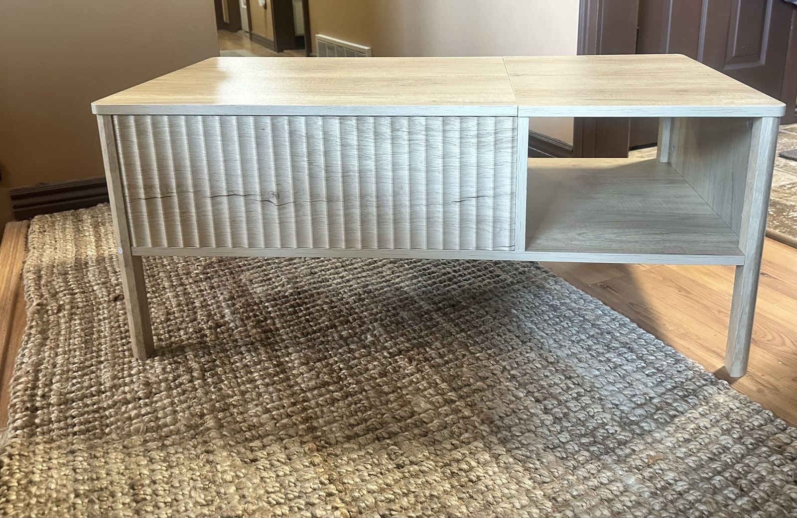 Lift-Top Wooden Coffee Table with Fluted Front Accent and Open Storage