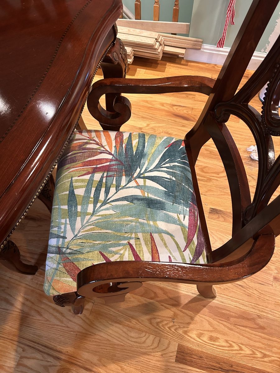 Solid Wood Dining Table Set with 8 Reupholstered Chairs
