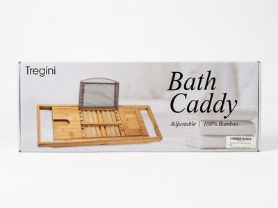 Tregini Adjustable 100% Bamboo Bath Caddy - Natural Wood Bathtub Tray for Relaxation