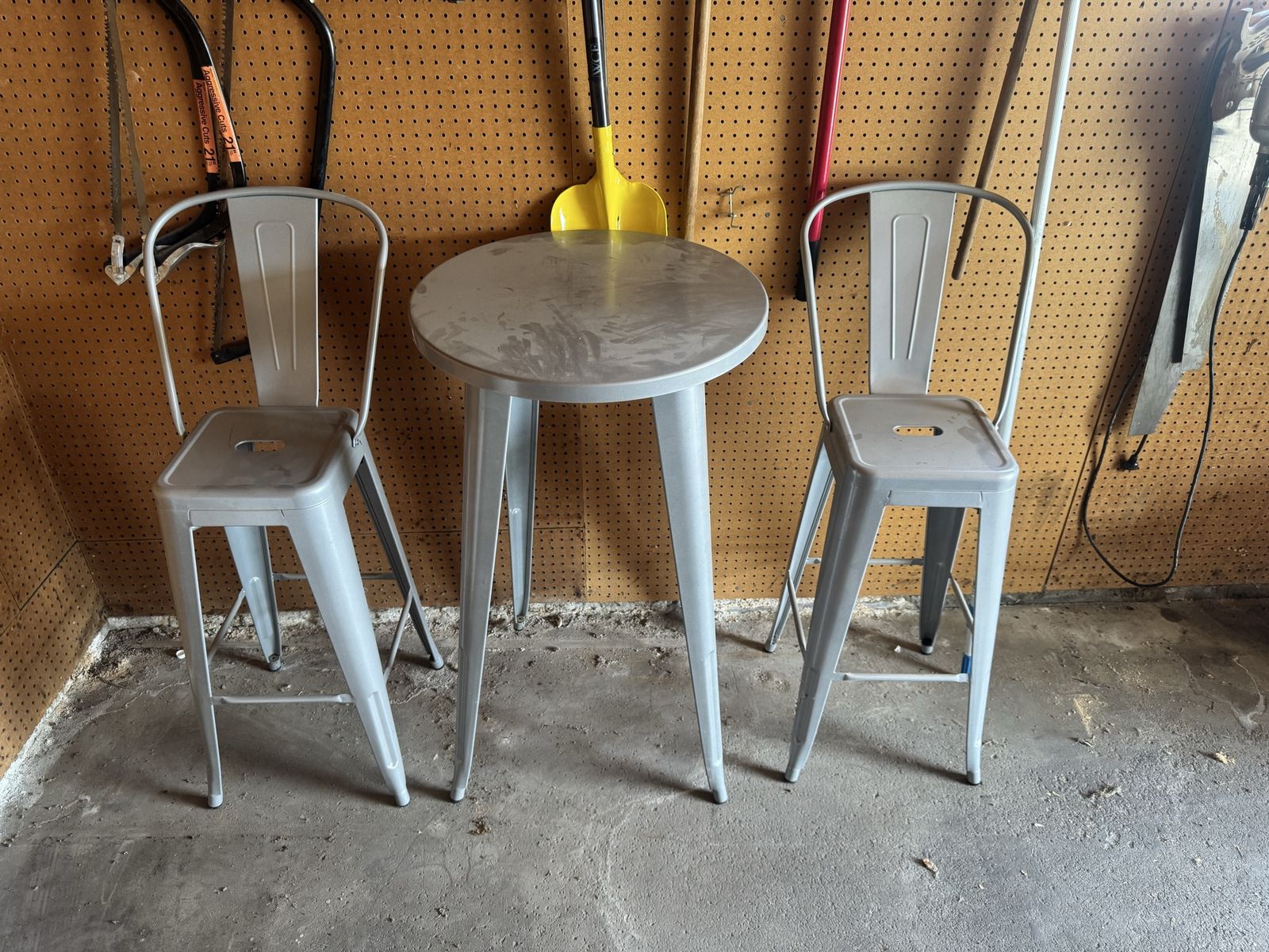 Industrial Gray Metal Bar Table & 2 Stools Set - Modern Bistro Furniture