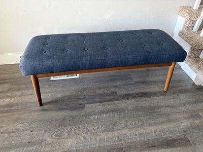 Upholstered Bench - Navy Blue Tufted Fabric, Wood Legs - Excellent Condition