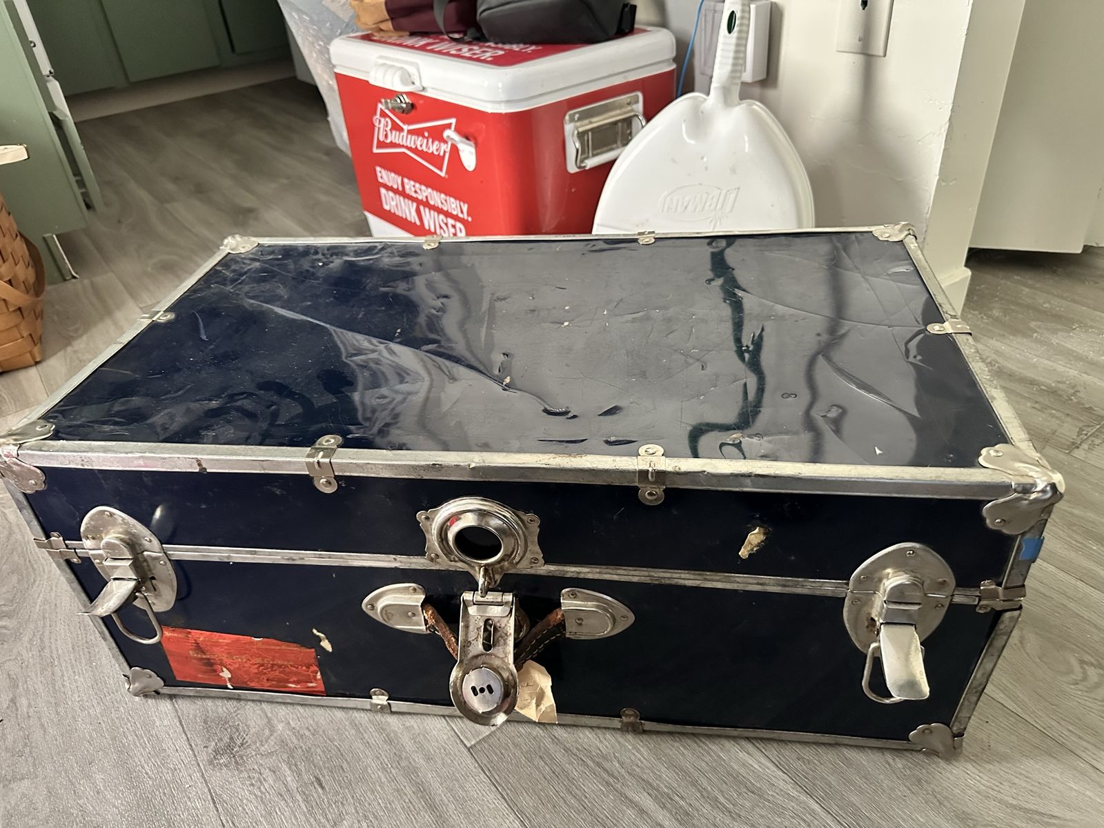 Vintage Navy Blue & Silver Metal Trunk with Aqua Interior - Footlocker / Storage Chest