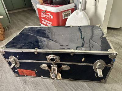 Vintage Navy Blue & Silver Metal Trunk with Aqua Interior - Footlocker / Storage Chest
