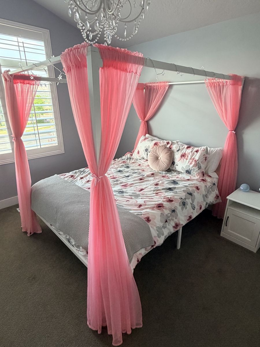 Girls Queen-Size White Canopy Bed Frame with Pink Sheer Curtains - Excellent Condition