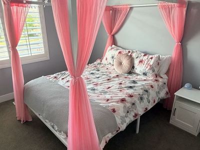 Girls Queen-Size White Canopy Bed Frame with Pink Sheer Curtains - Excellent Condition