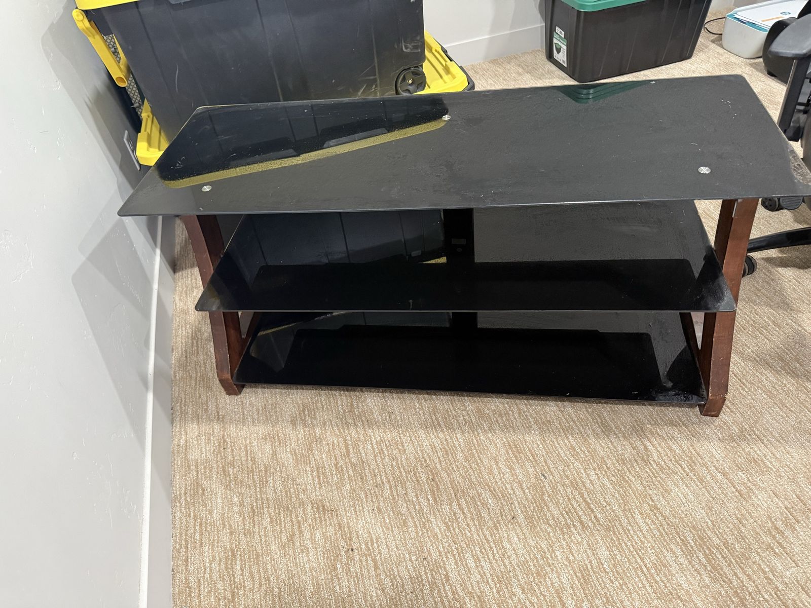 Modern Black Tempered Glass 3-Tier TV Stand with Wood Frame