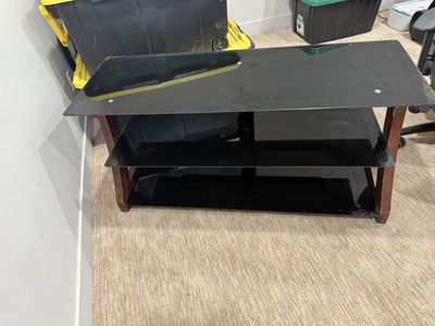 Modern Black Tempered Glass 3-Tier TV Stand with Wood Frame