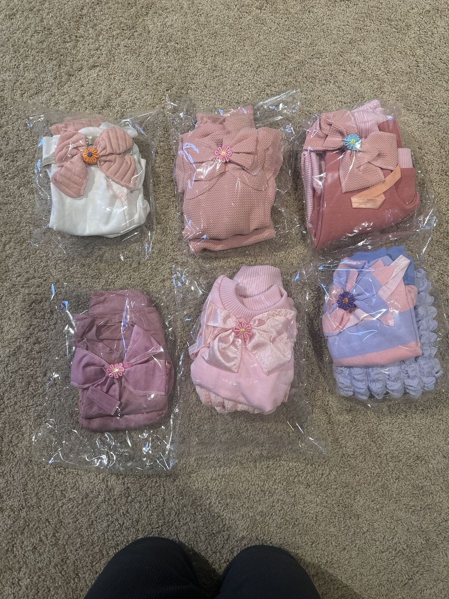 6  6-8 mo Baby Girl Pink Bowknot Romper Pants Headband Outfit Set