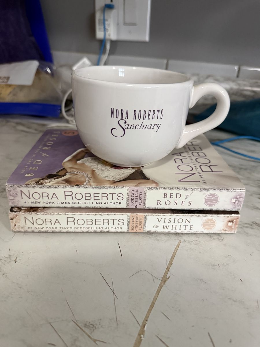 Nora Roberts Books Bed of Roses & Vision in White with Sanctuary Mug