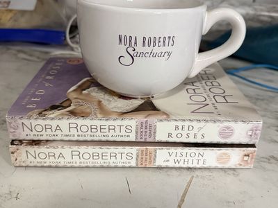 Nora Roberts Books Bed of Roses & Vision in White with Sanctuary Mug
