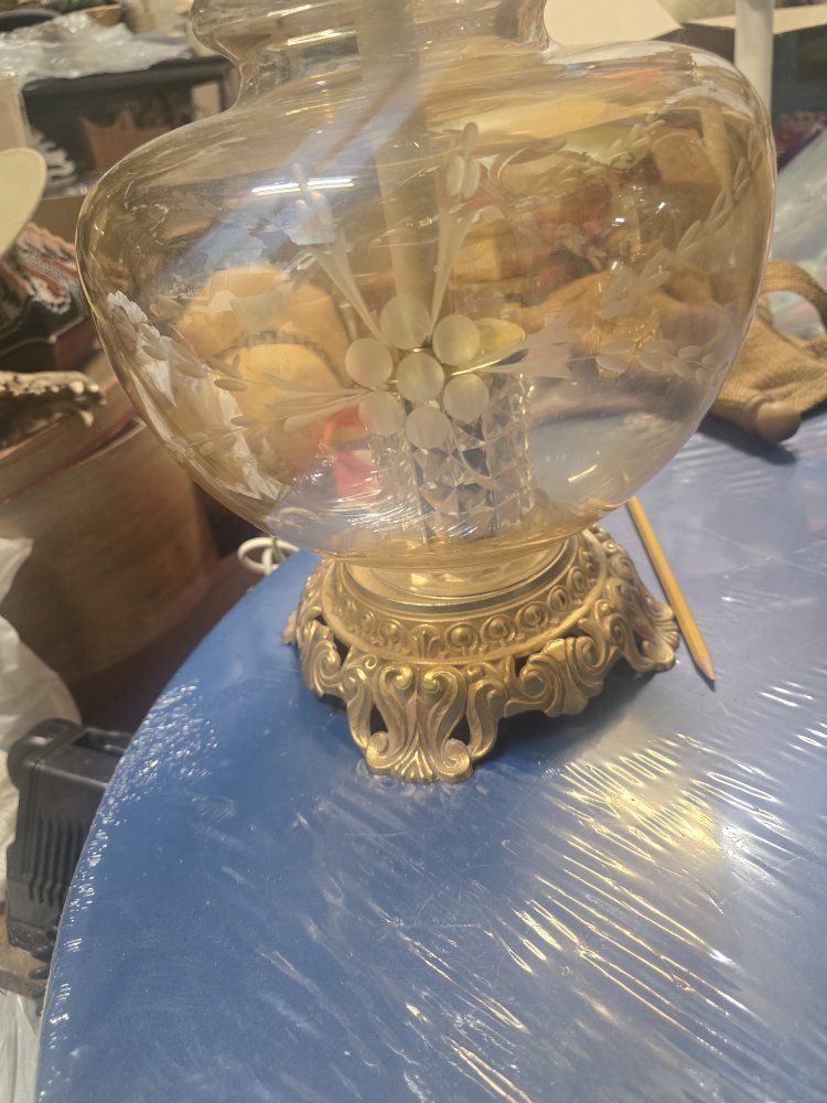 Vintage Mid-Century Modern Brass & Glass Table Lamps with Floral Etchings - Set of 2