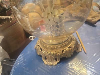 Vintage Mid-Century Modern Brass & Glass Table Lamps with Floral Etchings - Set of 2