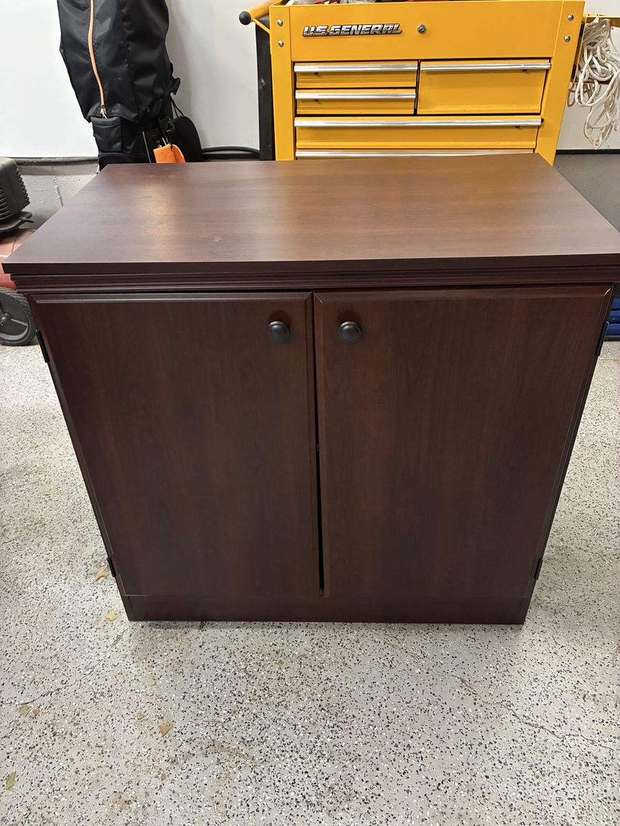 Cherry Wood Finish Storage Cabinet with Double Doors and Interior Shelf