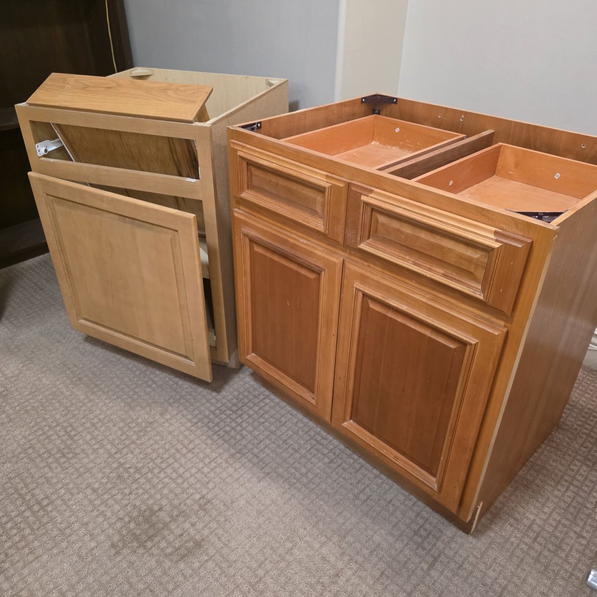 Two Wood Base Kitchen Cabinets - Light & Medium Oak, Good Condition, Ready for Renovation