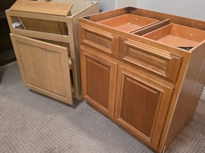 Two Wood Base Kitchen Cabinets - Light & Medium Oak, Good Condition, Ready for Renovation