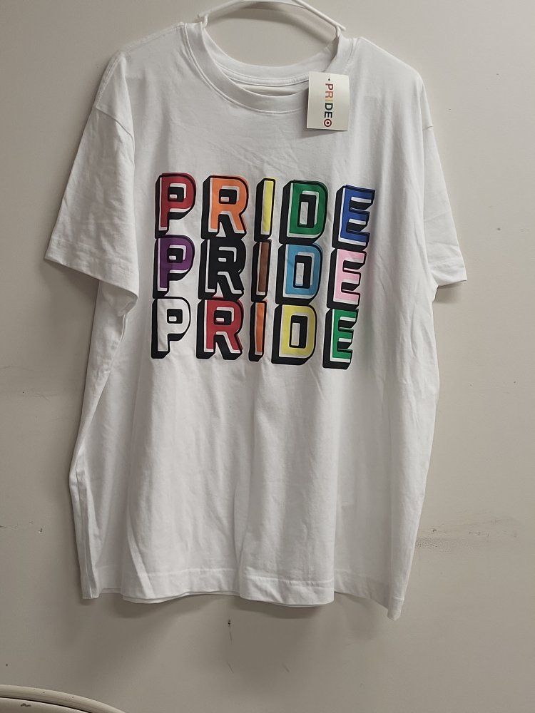 Pride Target Adult "Pride" T-Shirt - White, Colorful Text, Size XXL, 60% Cotton 40% Recycled Polyester