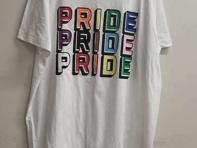 Pride Target Adult "Pride" T-Shirt - White, Colorful Text, Size XXL, 60% Cotton 40% Recycled Polyester