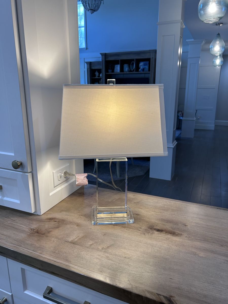 Clear Glass Base Table Lamp with Rectangular White Fabric Shade - Modern Home Decor Lighting