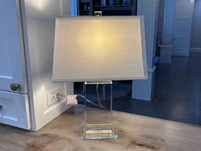 Clear Glass Base Table Lamp with Rectangular White Fabric Shade - Modern Home Decor Lighting