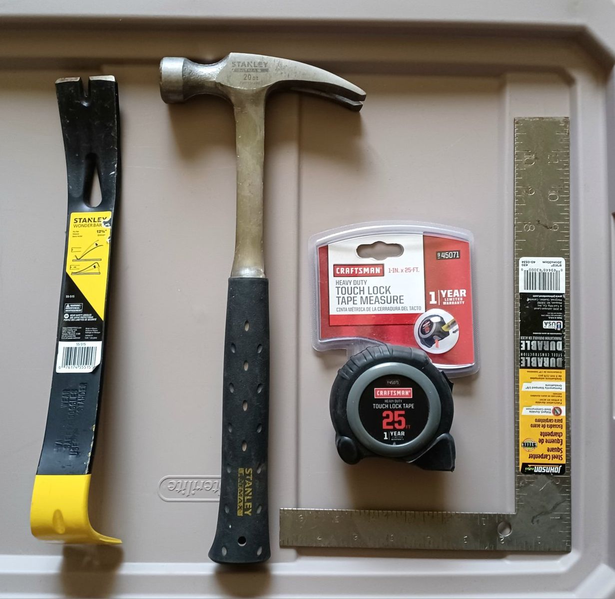 Stanley Hammer & Wonder Bar, Craftsman 25ft Tape Measure, Johnson Steel Square Tool Set