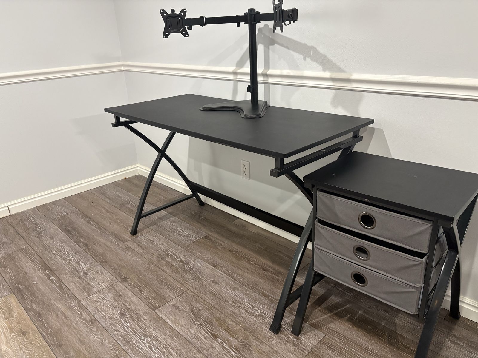Black Modern Office Desk with Attached Drawer Unit and Dual Monitor Stand