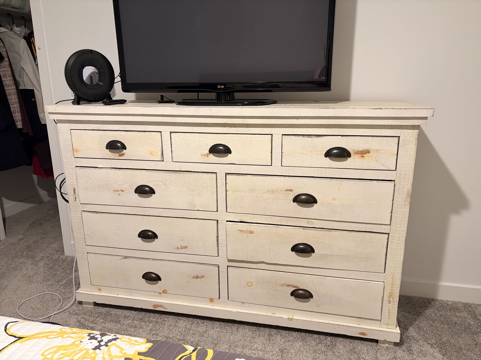Shabby Chic White Wash Wood Dresser - 9 Drawers, Rustic Farmhouse Style