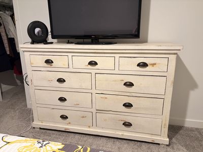 Shabby Chic White Wash Wood Dresser - 9 Drawers, Rustic Farmhouse Style