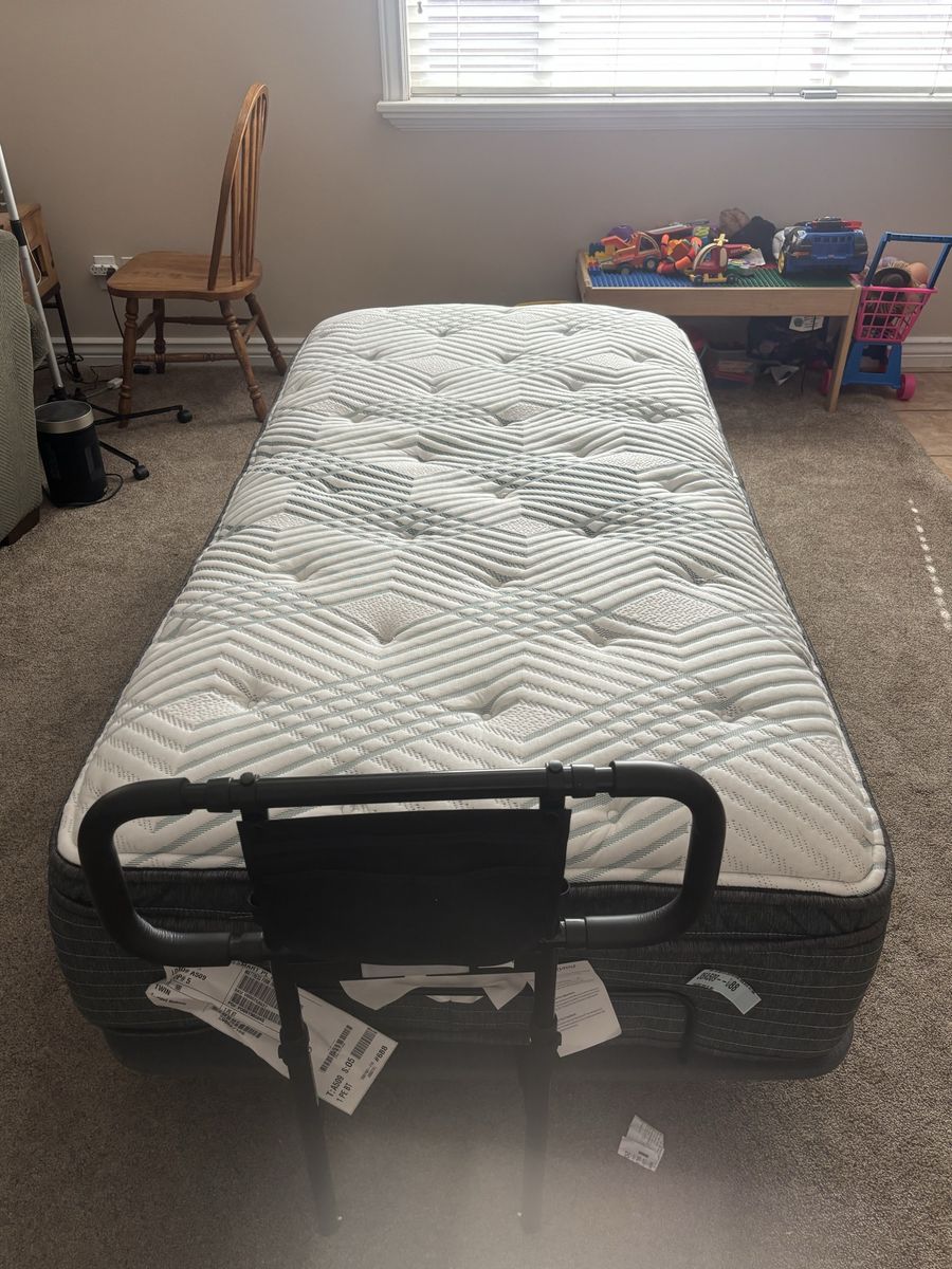 Adjustable Twin Bed Frame with Mattress and Safety Rail