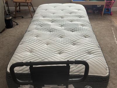 Adjustable Twin Bed Frame with Mattress and Safety Rail